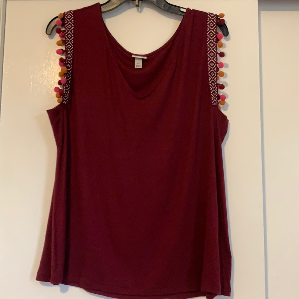 Maroon Tank with Pom Pom Sleeves